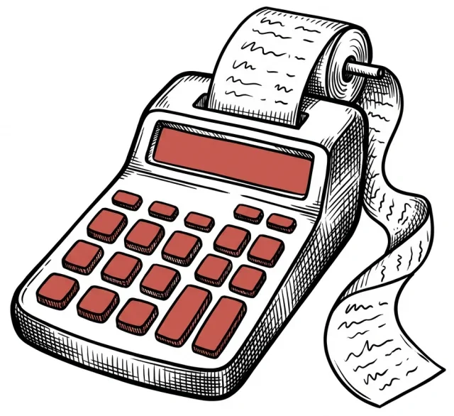 Illustration of a calculator with a paper tape printout.