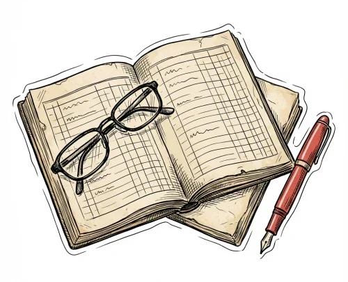 An open notebook with handwritten notes, a pair of reading glasses placed on it, and a red fountain pen beside.