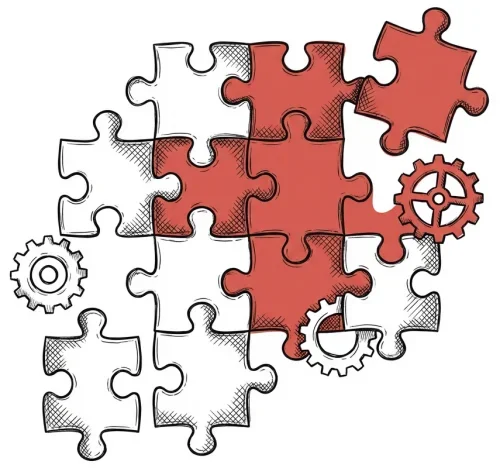 Illustration of interconnected puzzle pieces with some pieces colored red and gears, symbolizing problem-solving, mechanics, or collaboration.
