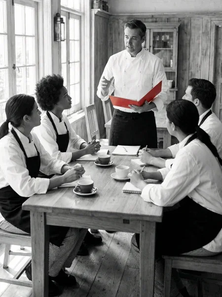 A chef holding a restaurant standard operating procedure book stands and speaks to four seated staff members in uniforms around a wooden table, with notebooks and coffee cups, in a bright restaurant setting.