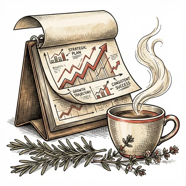 An illustrated desk calendar displaying growth charts and business terms sits next to a steaming cup of coffee and a sprig of herbs, suggesting a productive work environment.