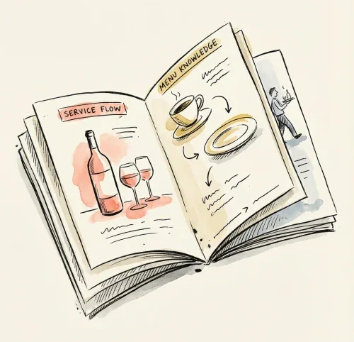 Illustration of a restaurant SOP showing drawings of a wine bottle with glasses, a coffee cup, and a plate, with handwritten notes labeled Service Flow and Menu Knowledge. In the background, a waiter is sketched.