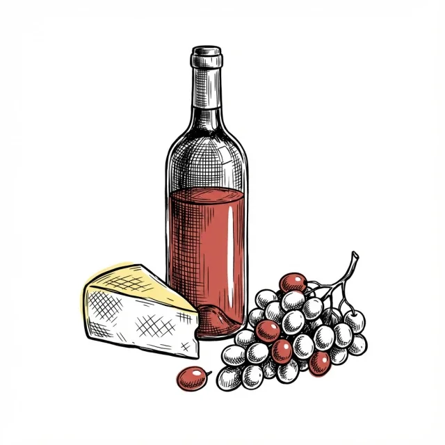 A bottle of red wine next to a wedge of cheese and a bunch of grapes.