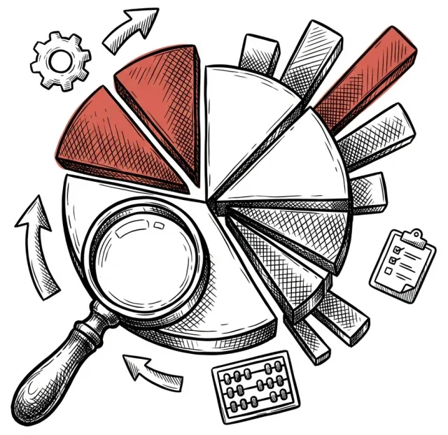 Hand-drawn pie chart with highlighted segments, magnifying glass, and icons of gear, clipboard, and calculator indicating analysis or research.