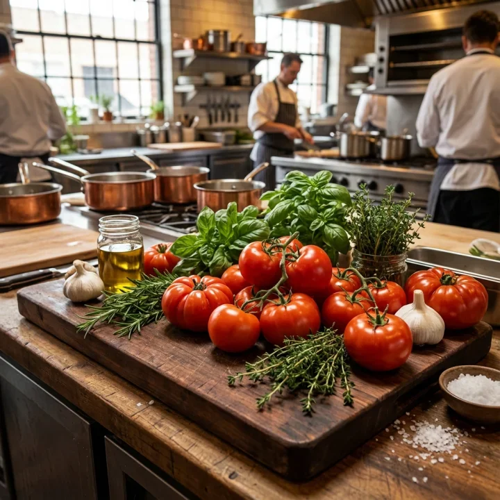 A wooden cutting board with tomatoes, garlic, herbs, and olive oil sits on a kitchen counter; chefs manage projects in the background near stoves and copper pots in a bright, professional kitchen.