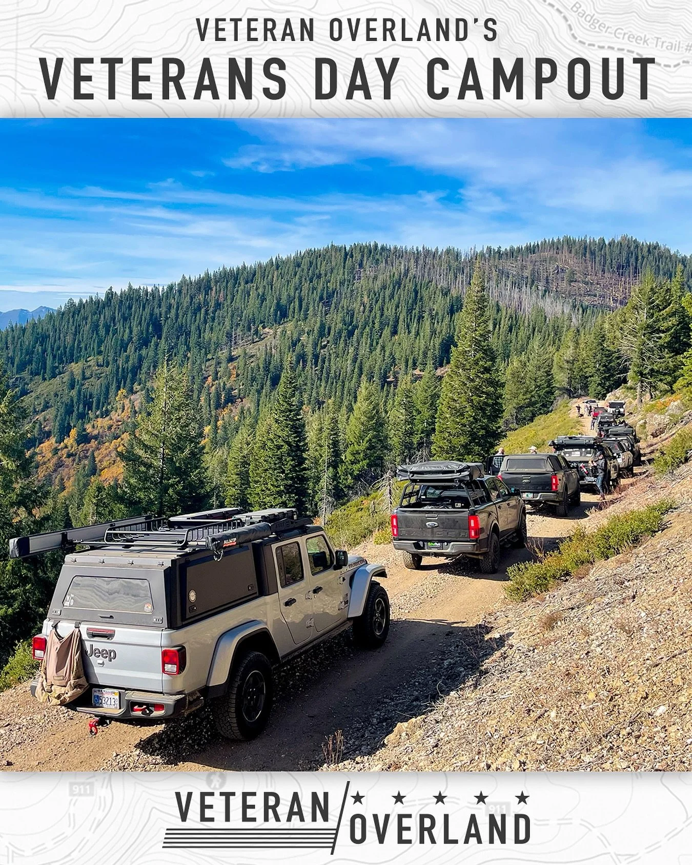 Put your next adventure on the books! 

The Annual Veteran&rsquo;s Day Campout will be going on November 7th-9th in Deschutes National Forrest. 

Sign ups on Eventbrite will open Sunday October 12th

///⁠

Veteran Overland is a 501(c)(3) focused on i