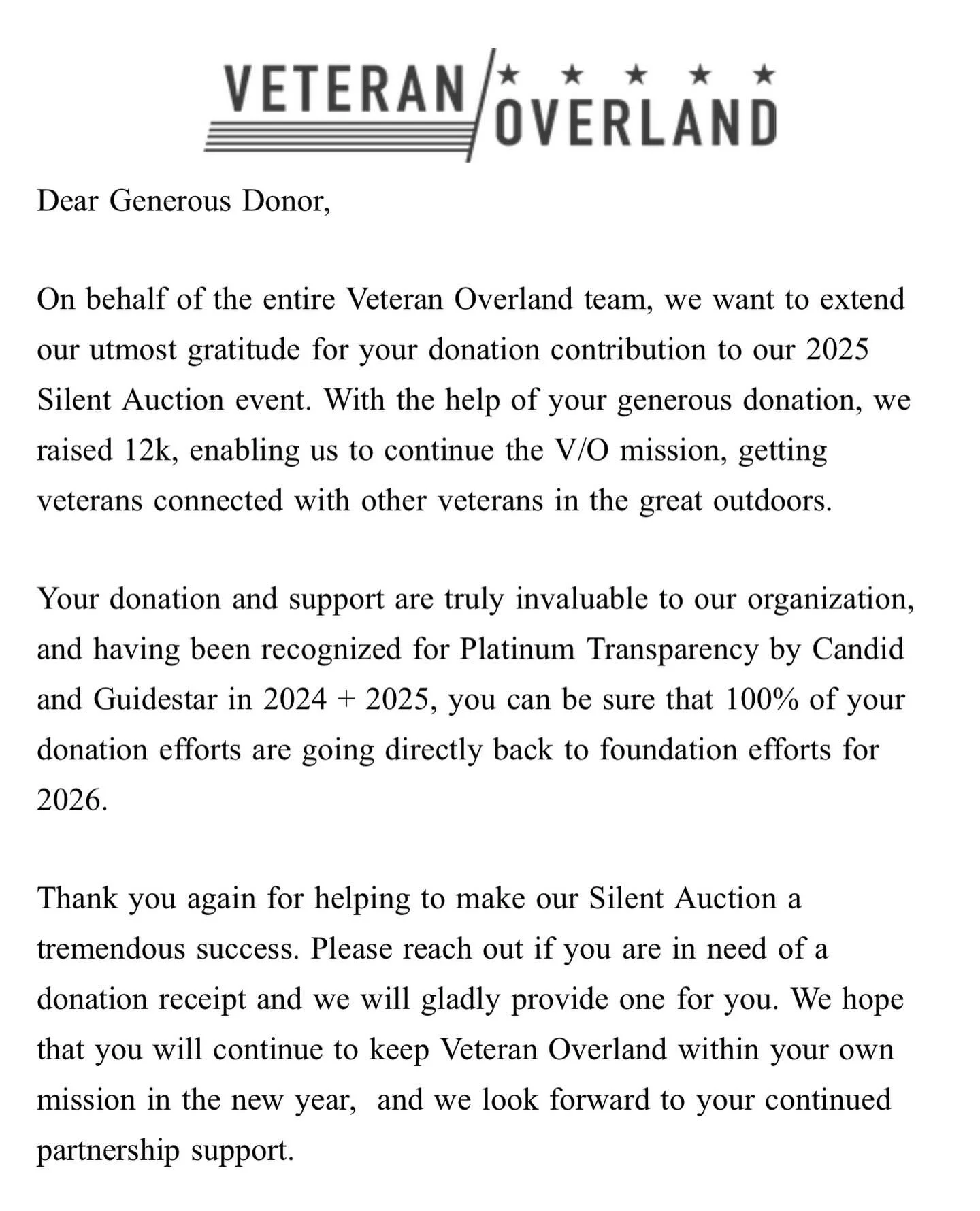 As the year comes to a close, on behalf of the entire Veteran Overland team, we want to extend our utmost gratitude for your donation contribution to our 2025 Silent Auction event and your support throughout the year. With the help of your generous d