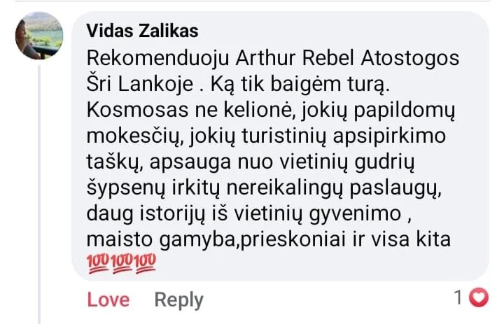 Screenshot of a Facebook comment in Lithuanian praising Arthur Rebel Atostogos in Sri Lanka, mentioning beautiful beaches, airplane and hotel taxes, local cuisine, and outdoor activities.