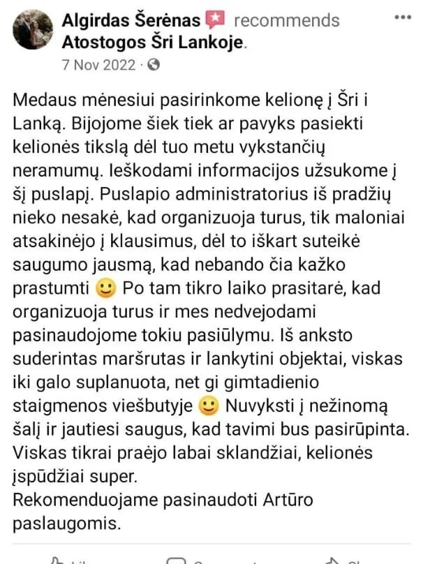 Screenshot of a social media post in Lithuanian recommending a travel agency for a trip from Lithuania to Sri Lanka in November 2022, describing the organization and safety measures.