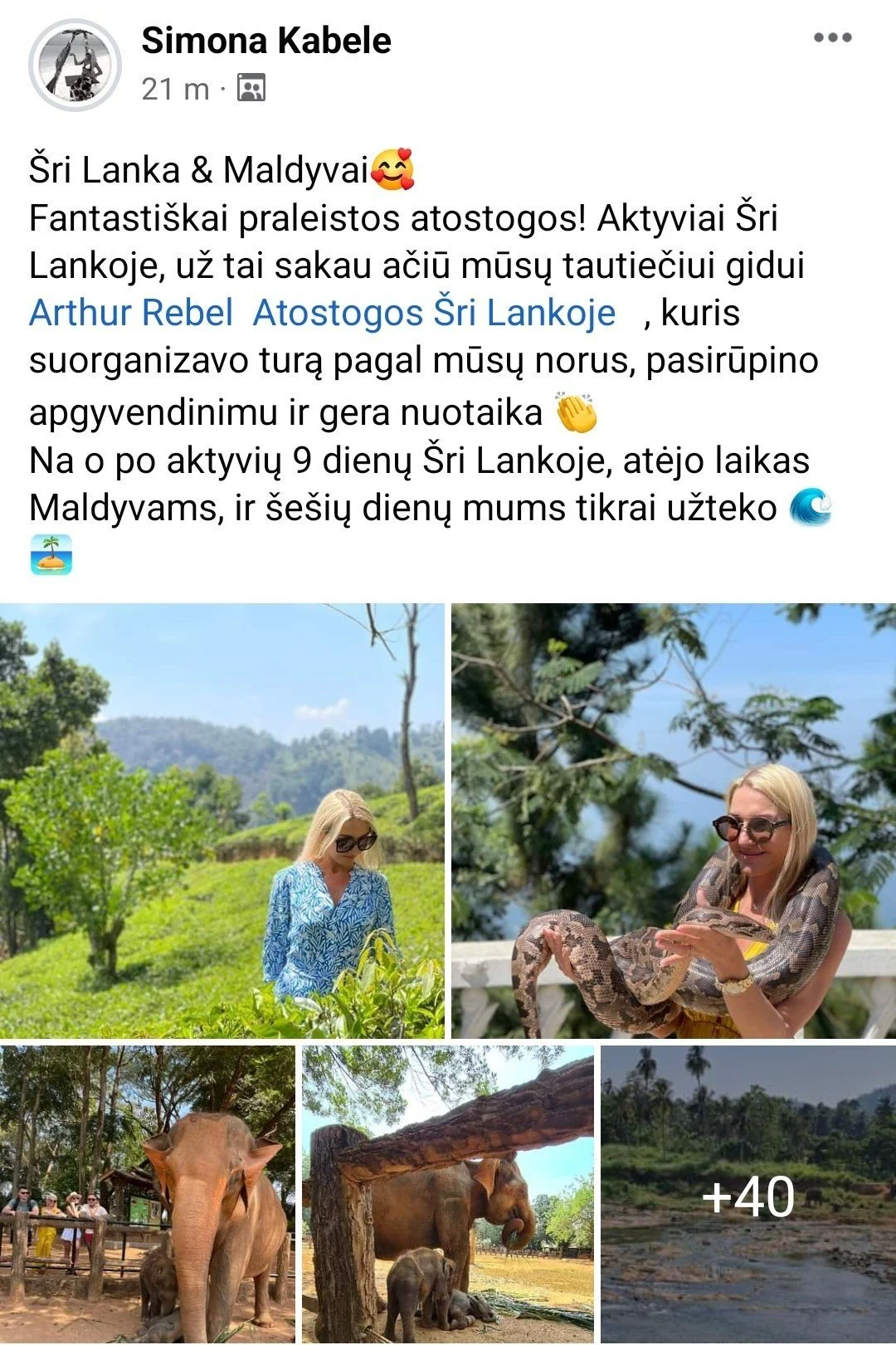 Photo collage of a woman with sunglasses in a lush green landscape, holding a snake, with elephants nearby and a river in the background, suggesting a safari or nature trip in Sri Lanka.