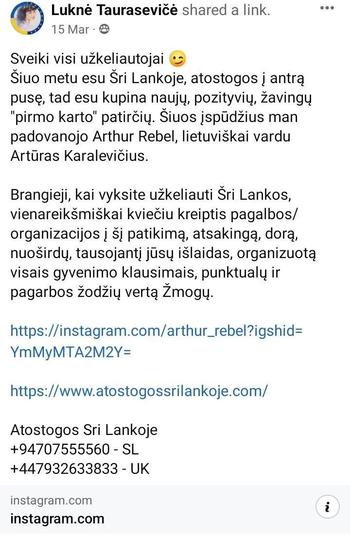 Text-based social media post in Lithuanian, sharing information about charity aid organization in Sri Lanka, with links to Instagram and website, and contact numbers for Sri Lanka and UK.