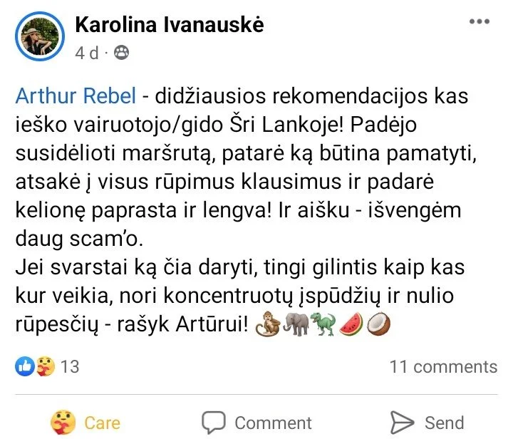 A Facebook post in Lithuanian praising Arthur Rebel's travel recommendations in Sri Lanka, with emojis of a monkey, elephant, crocodile, watermelon, and coconut.