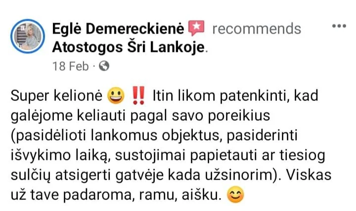 Facebook post with text in Lithuanian, includes emojis, recommends atostogos (vacation) Šri Lankoje (Sri Lanka).