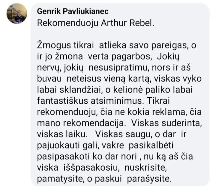 Screenshot of a Facebook post recommending Arthur Rebel, describing personal integrity, honesty, and the importance of truth, with emphasis on honesty and fairness in relationships.