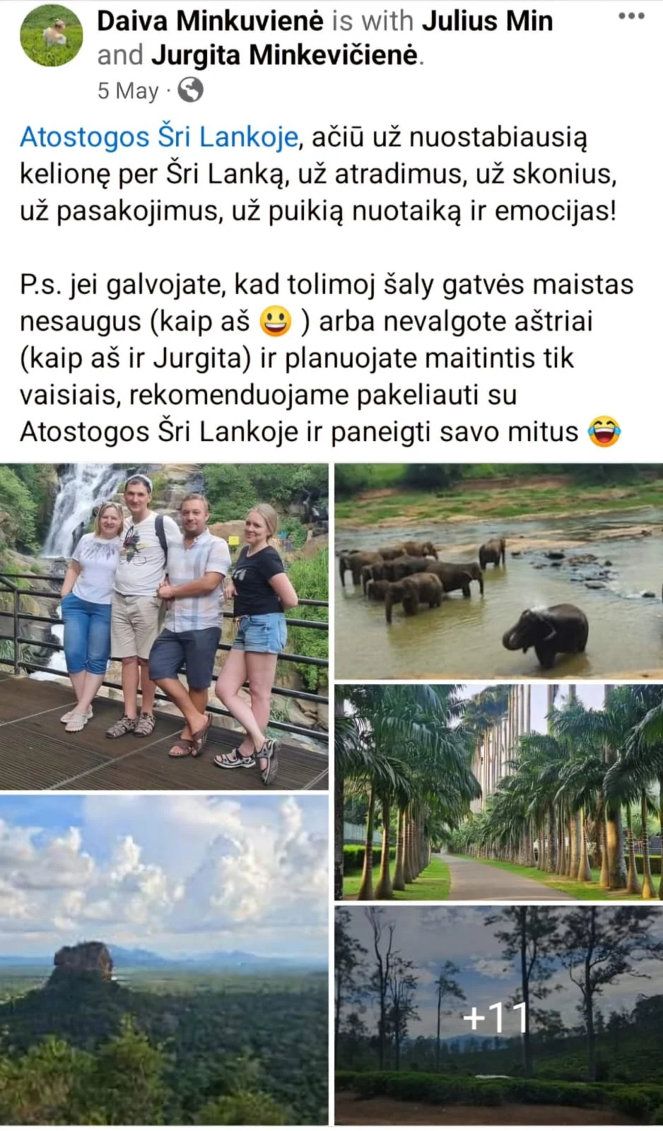 A collage of six photos taken during a trip to Sri Lanka, including family portraits, elephants, lush tropical scenery, palm trees, a mountain, and a forested landscape.