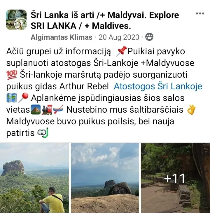 A series of photos showing outdoor scenes in Sri Lanka, including rocky landscapes and lush green forests with a person sitting on a rock.
