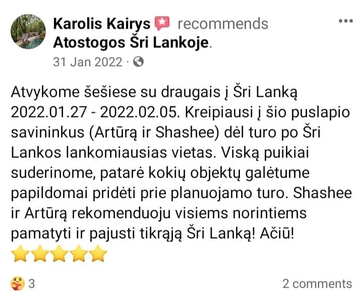 Screenshot of a Facebook recommendation post in Lithuanian about a trip to Sri Lanka from January 27 to February 5, 2022, by Karolis Kairys, with five star emojis and a smiling face emoji.
