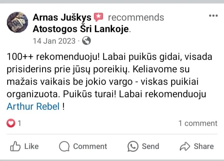 Screenshot of a Facebook post recommending a trip to Šri Lanko, praising the food and organization, and mentioning Arthur Rebel.
