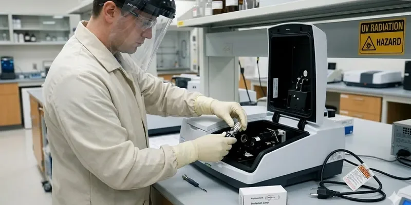 A lab technician stands at a spectrophotometer handling a sample, wearing the appropriate protective equipment.