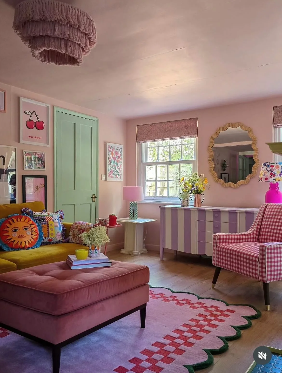 Inspo Tuesday 🤗 pretty pretty sitting room with our Cherries 🍒 art print 🍒 ~ loving all the colours here, the stripy unit and the chequered arm chair 🪑, just all about this space is so dreamy don’t you think? 
Pic @wiltshirewonderland 
On