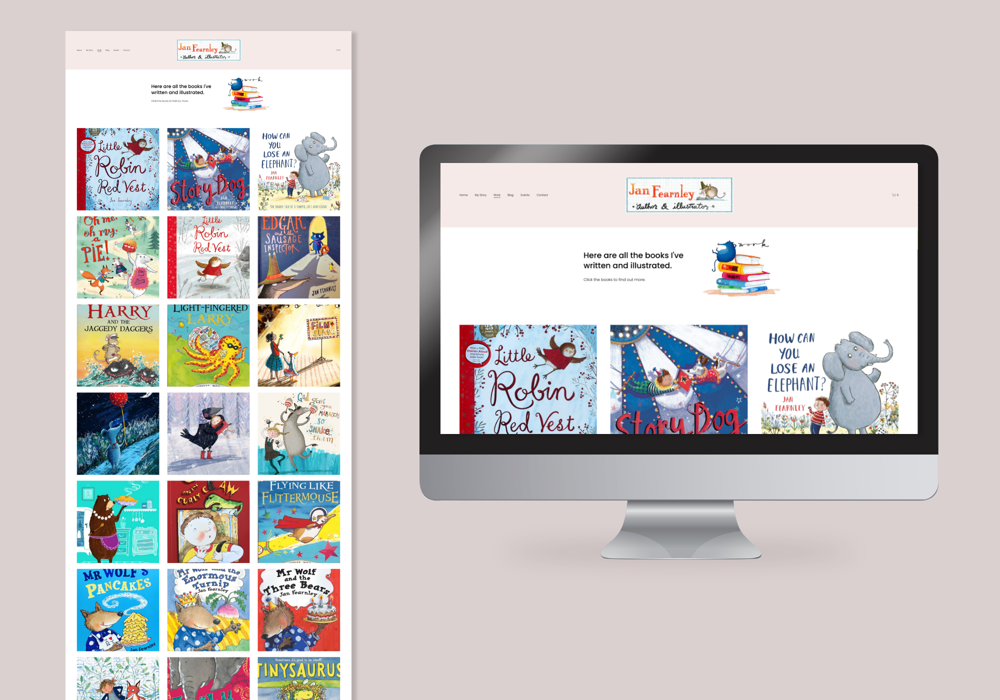 Work page featuring each book, with info for each one.