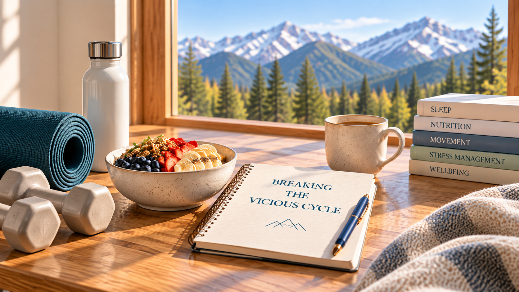 Indoor scene with a wooden table near a window showing a mountain landscape, covered with a yoga mat, dumbbells, a bowl of fruit, a bottle, a mug, a notebook titled 'Breaking the Vicious Cycle,' a pen, and a stack of books about sleep, nutrition, movement, stress management, and wellbeing.