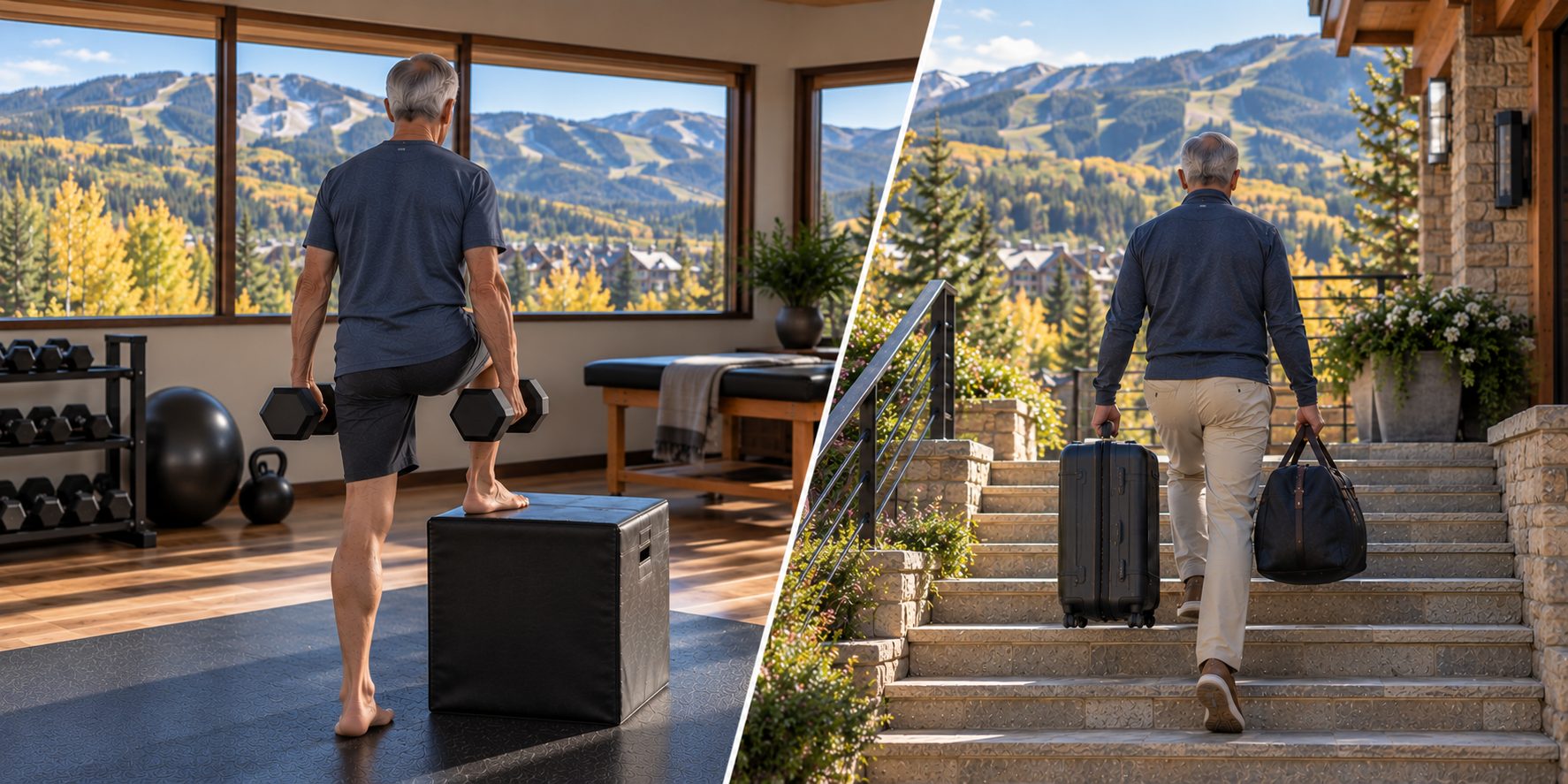 Split image with an elderly man on the left inside a home performing a workout with dumbbells, and on the right outside a mountain cabin carrying luggage, with scenic mountains and trees in the background.
