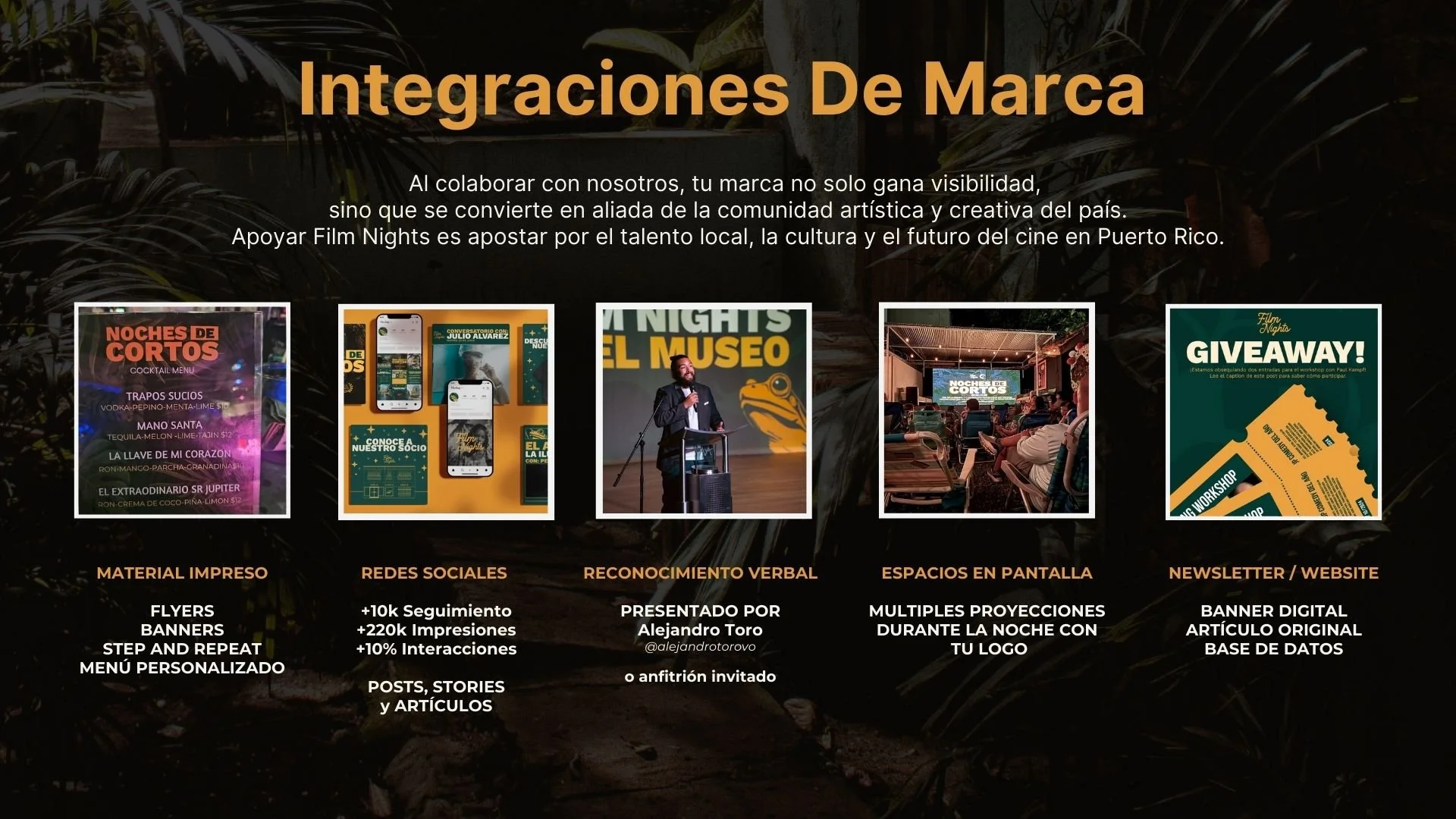 A promotional banner titled 'Integraciones De Marca' with five sections detailing branding partnership benefits, including materials, social media, verbal recognition, screen spaces, and newsletter/website. The background features tropical plants.