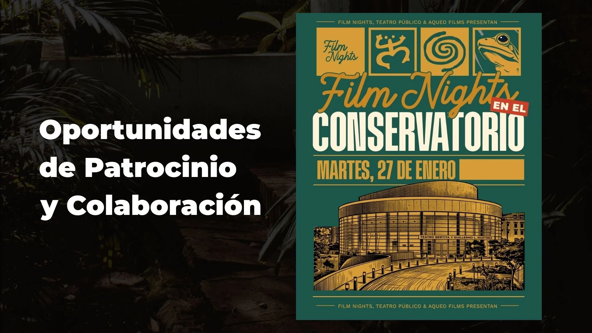 Poster for a film event featuring a large building with circular windows, trees, and a road, with text announcing a film night at the conservatory on Tuesday, January 27.