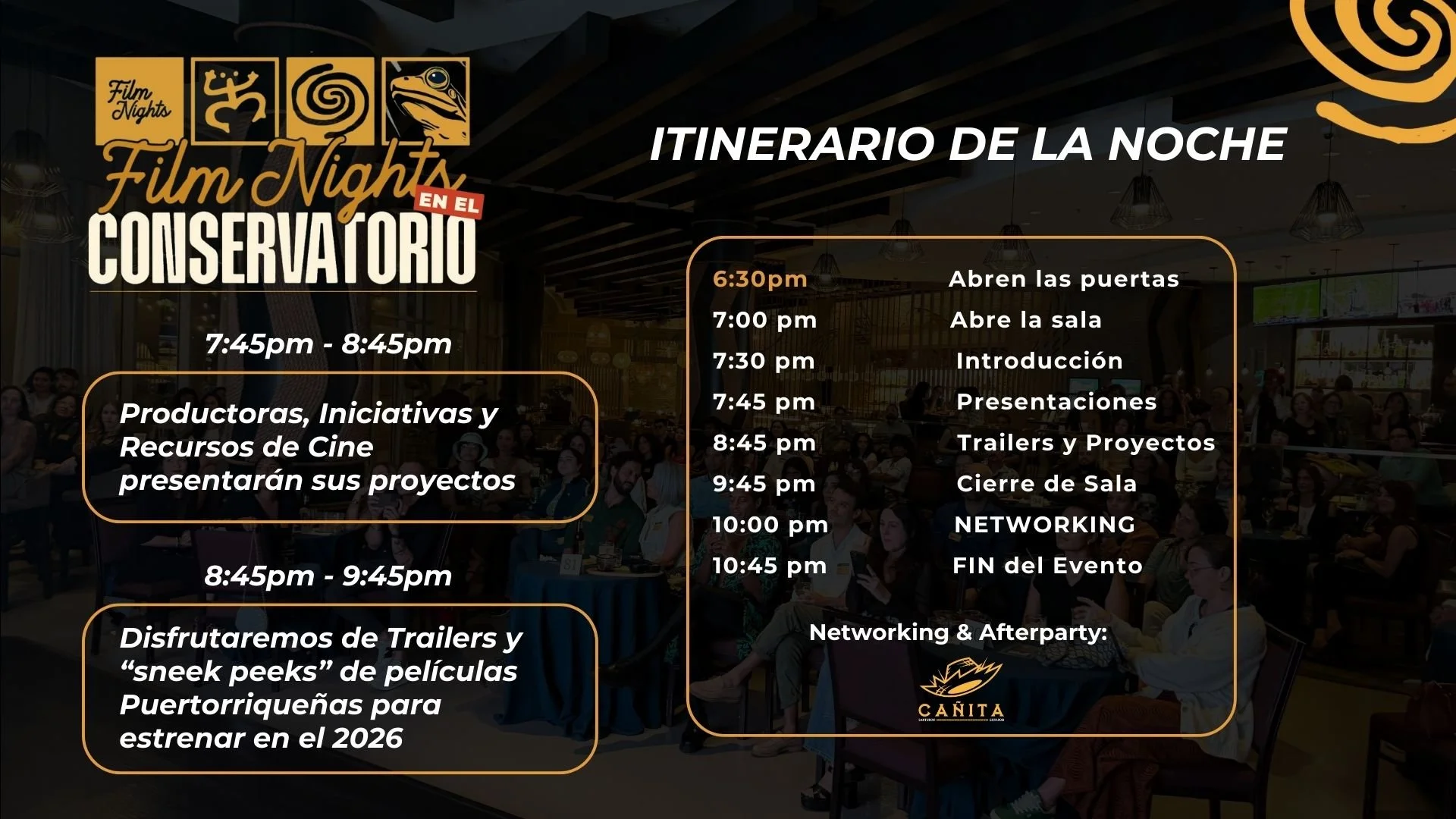 Event schedule poster for Film Night at the Conservatory, with a detailed timetable from 6:30 pm to 10:45 pm including activities such as opening doors, project presentations, trailers, networking, and a closing event, featuring logos and themed desi