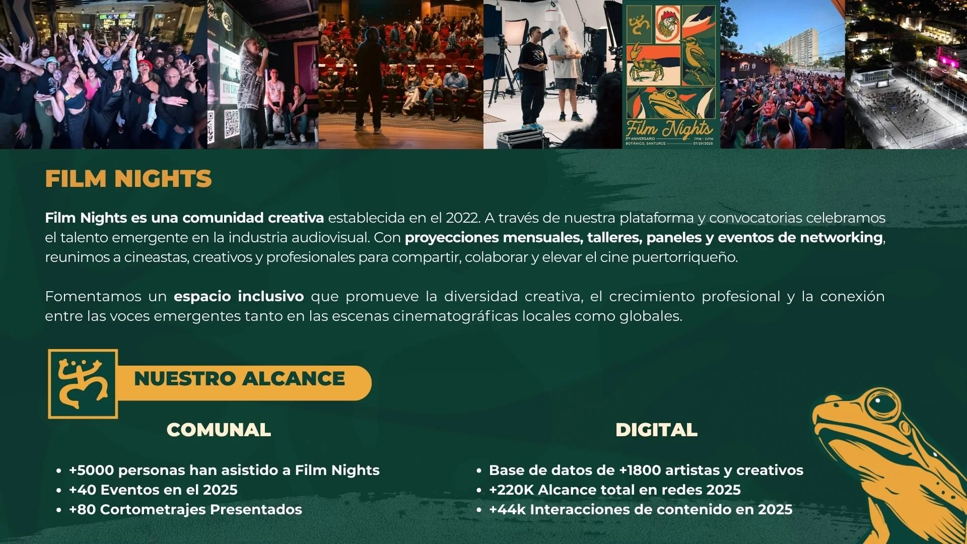 Collage of images at a film festival, including crowds attending outdoor screenings, film discussions, a screening room, and a promotional poster for Film Nights at the botanical garden, with a green background and orange text.