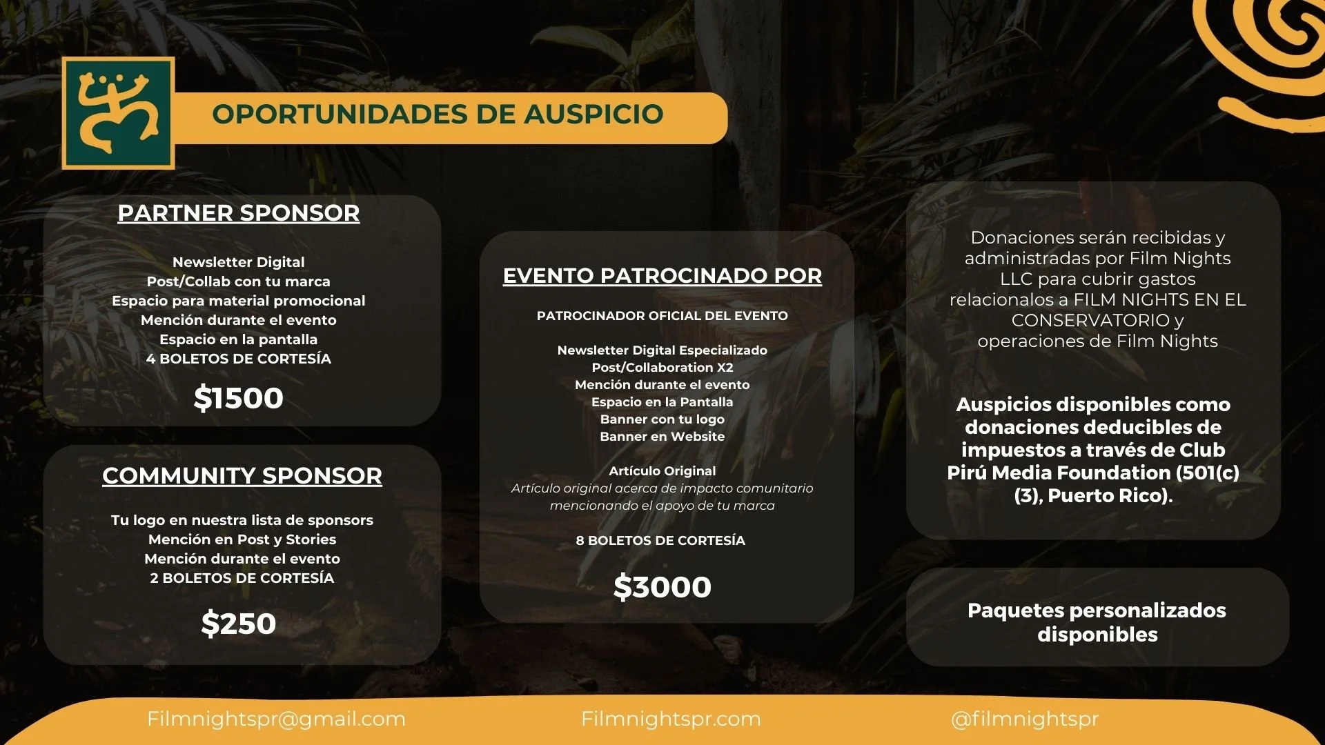 Details of sponsorship opportunities for an event with headings for partner sponsor, community sponsor, and a sponsored event. Text includes email, website, and social media contact information.