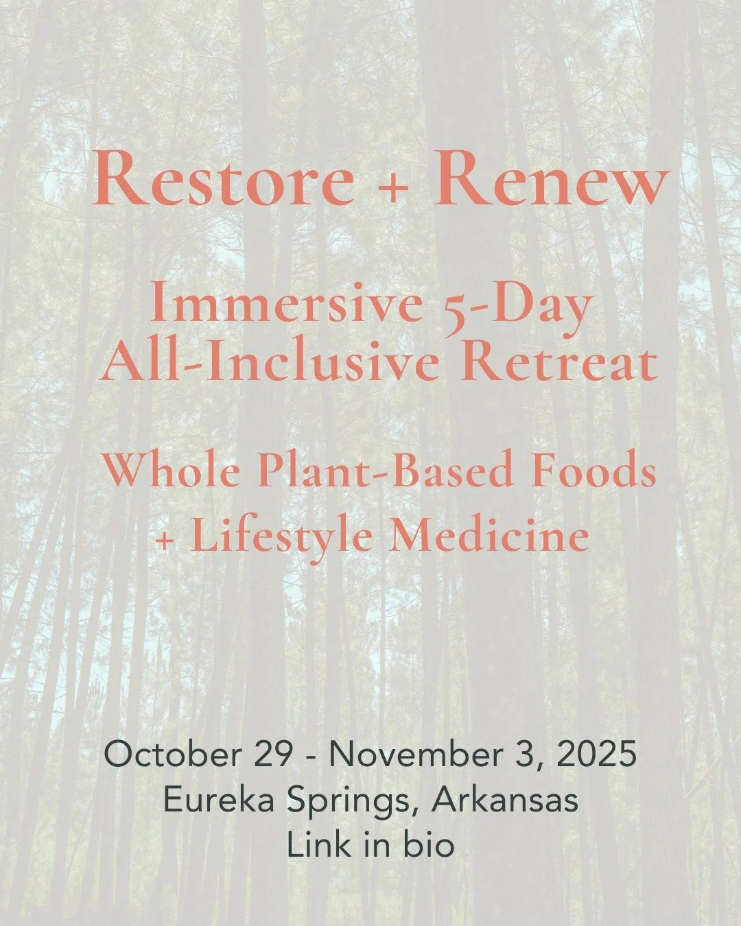 Are you craving a true reset?

Join us at Arkansas' first and only Whole Food Plant-Based Lifestyle Medicine Retreat in peaceful Eureka Springs.

5 days of nurturing, delicious meals, expanding education, nature walks, yoga + weight training, forest 