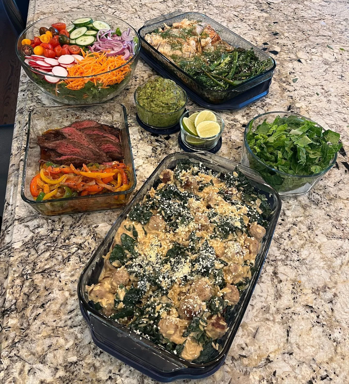 1) Steak Fajitas with Guac
2) Lemon Orzo with mini Meatballs and Kale
3) Cannelloni Beans with Fennel and White Wine, Broccolini, and Roasted Chicken