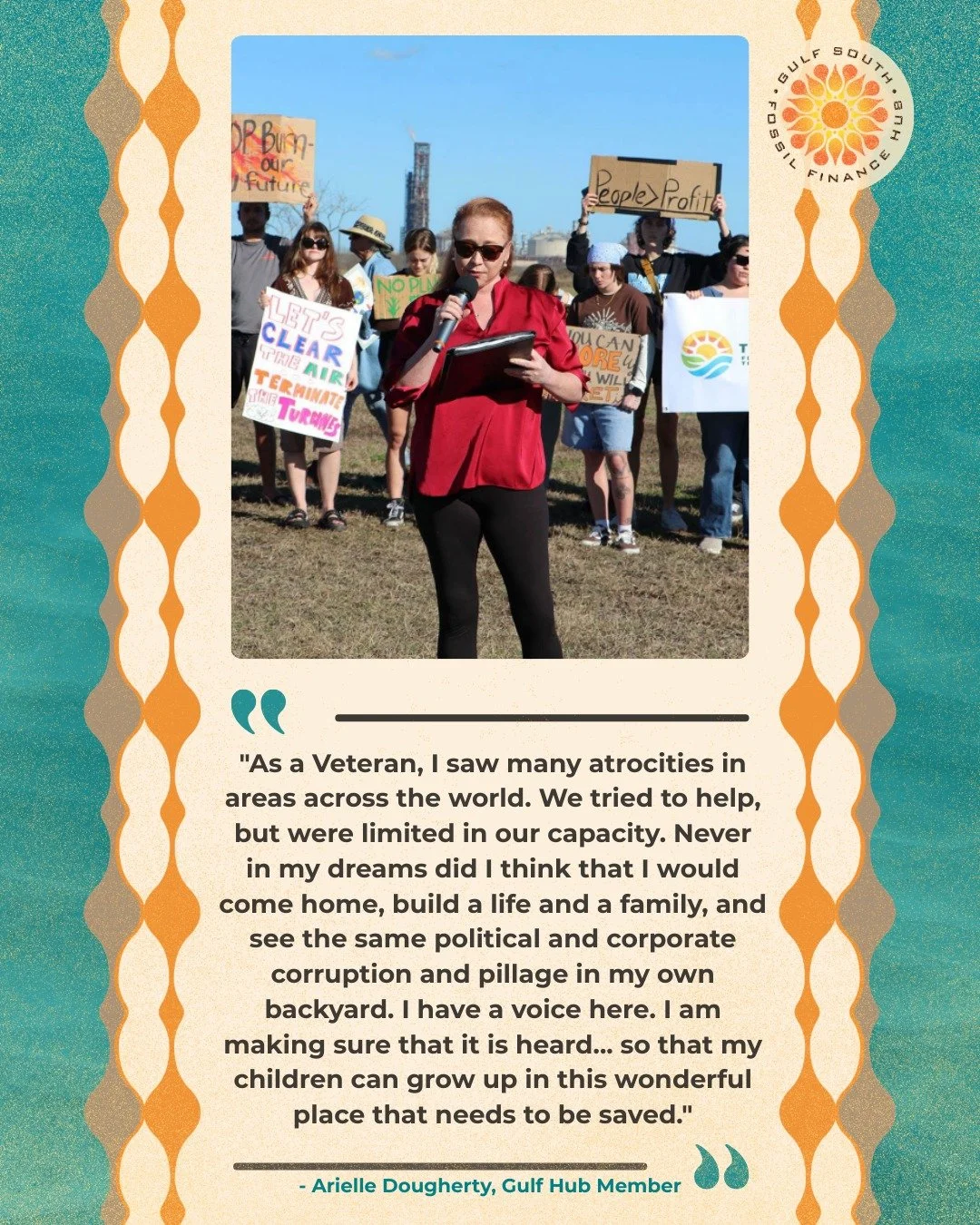 Arielle is a mom and veteran based in the Coastal Bend of Texas. Her fight has centered around ringing the alarm on the harm Cheniere LNG has caused the region as well as fighting the Yara International and Enbridge (YaREN)-proposed ammonia facility.