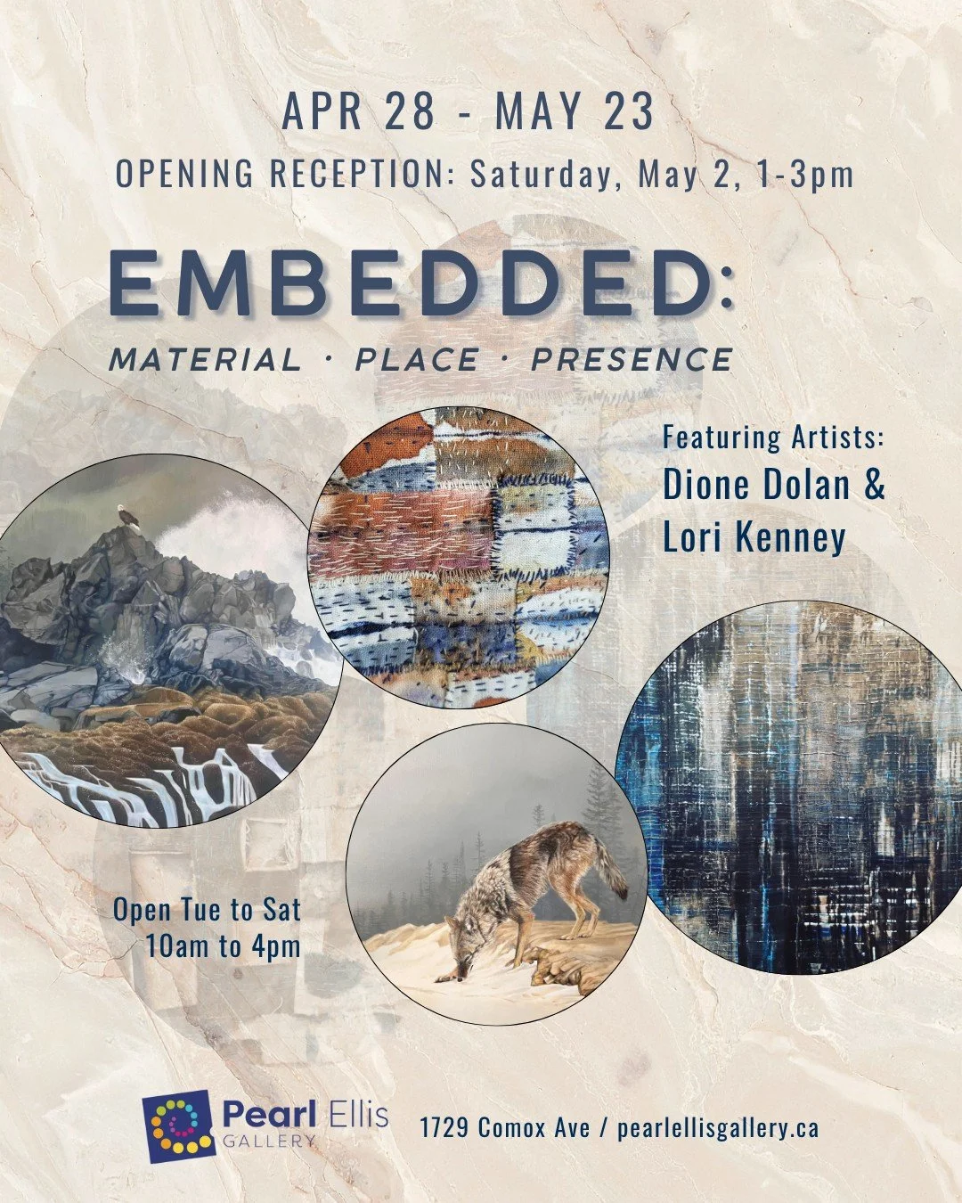 The Pearl Ellis Gallery presents Embedded: material &bull; place &bull; presence, a show featuring artists Dione Dolan and Lori Kenney.

Running April 28 to May 23, 2026 at 1729 Comox Ave, Comox.
You&rsquo;re invited to the opening reception on Satur