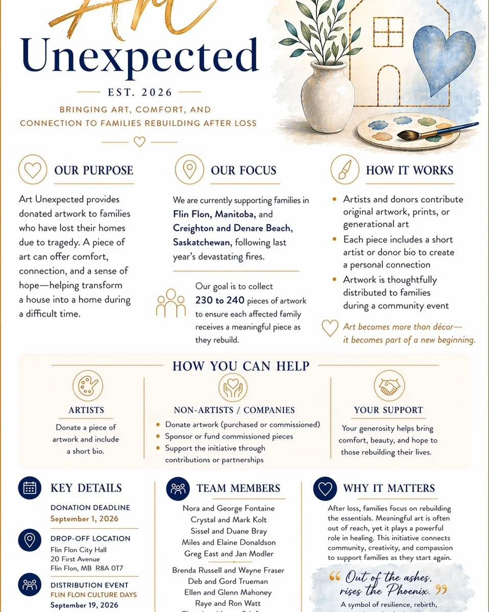 🎨 CALL FOR ART DONATIONS: ART UNEXPECTED

A gallery member is helping support Art Unexpected, a beautiful initiative bringing donated artwork to families rebuilding after losing their homes in the devastating fires affecting Flin Flon, Manitoba. The