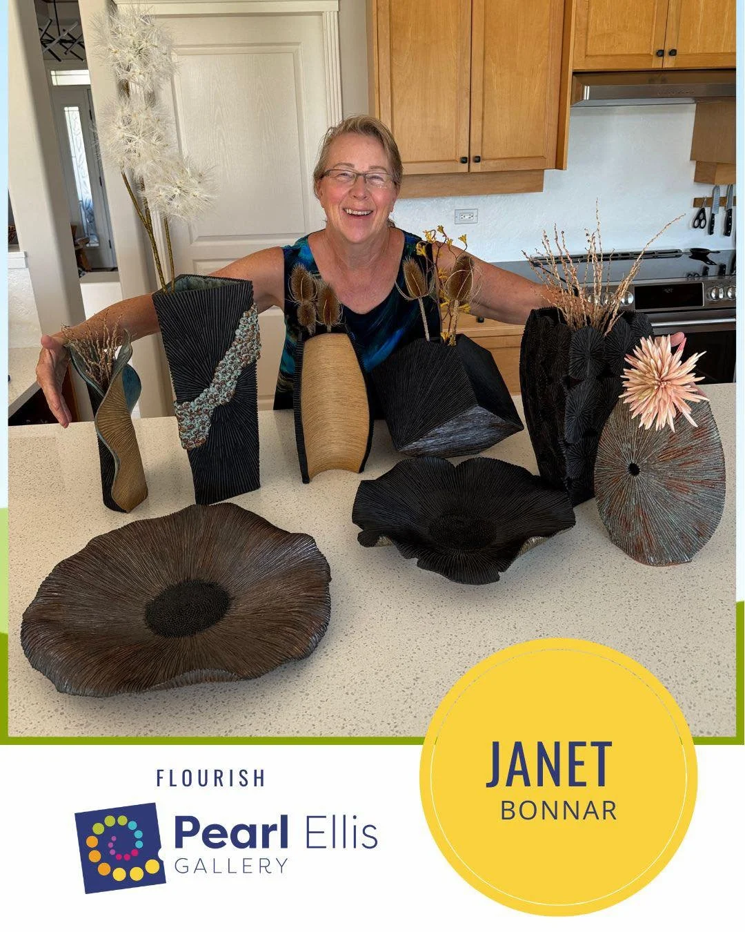 As a snowbird with a winter home in Arizona, Janet spent the last 10 years immersed in the Arizona Clay and Arts community. What began as a journey of learning and exploration evolved into a true artistic passion around texture, lines and shadow. She