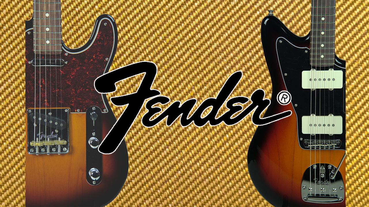 An electric guitar with a sunburst finish, lying on a white surface, showing the body and neck with strings and hardware.