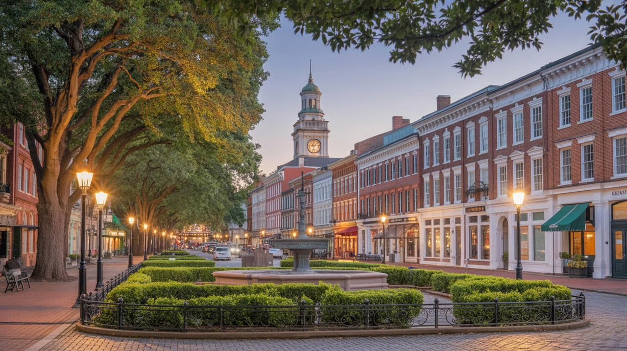 A historic downtown street scene at dusk, lined with brick buildings, street lamps, and a central fountain surrounded by well-manicured bushes, with a clock tower in the background.