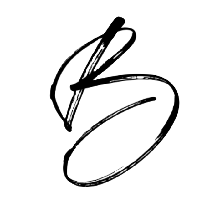 A black and white abstract signature or artistic drawing with flowing lines and loops.