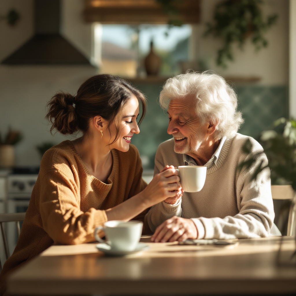 Adult child and senior parent sharing coffee and conversation in a cozy kitchen, highlighting weekly visits that provide emotional support and oversight.