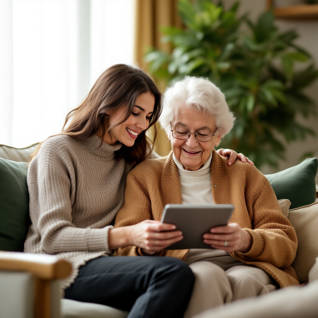 Daughter and elderly mother smiling while using a tablet, reflecting Golden Steward visits that support connection, technology help, and social engagement.