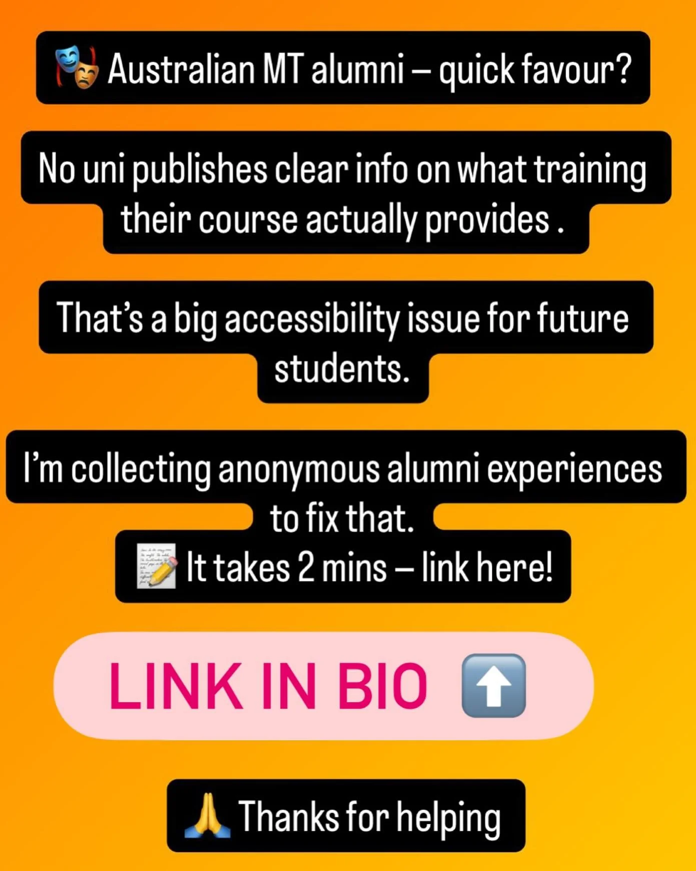 🎭 Australian MT alumni &mdash; we need your help!

In just 24 hours, dozens of alumni have shared their experiences through this quick anonymous survey. I&rsquo;ve already had helpful insights from staff at Elder Con, and constructive replies from V