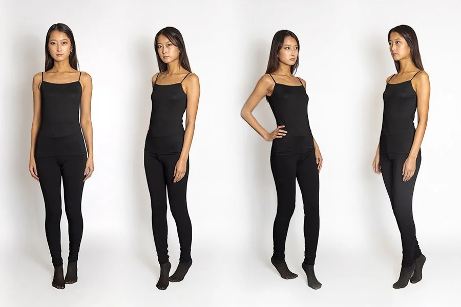 A woman in black tank top and black pants is shown in four different poses against a white background.