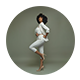 Person in white jumpsuit jumping in front of gray background