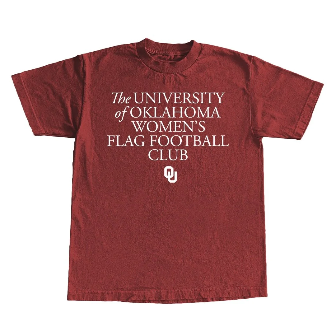 Restock of our @ouwomensflagfootball tee is now available (including youth sizes)! 

**NOTE** Some Adult Large shirts will have the state of Oklahoma Icon on them. 

Support the growth of women&rsquo;s flag in the SEC by securing your shirt today! Bo