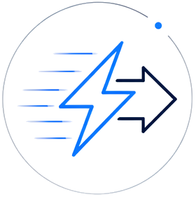 A stylized lightning bolt with speed lines pointing to a right arrow.