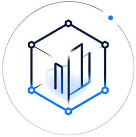 A 3D bar chart with upward and downward trends, enclosed in a digital interface with geometric lines and circles.