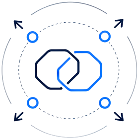 Graphic illustration of interconnected rings with arrows indicating rotation or movement.